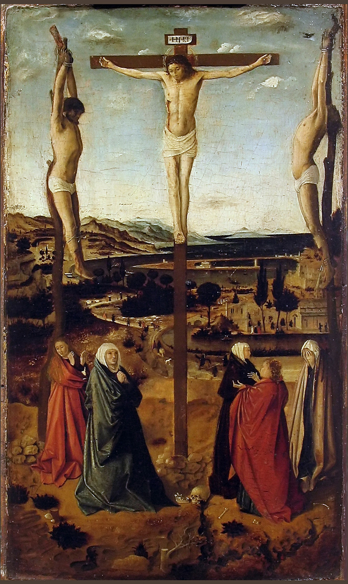 Antonello da Messina (1430–1479), Crocifissione, 1463-1465 circa, tempera e olio su tavola, 39×22,5 cm, Bucarest, Museo nazionale d'arte rumeno (Crocifissione di Sibiu)