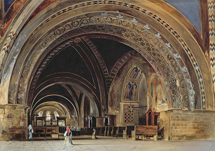 Thomas Hartley  Cromek(1809-73), The Interior of the Lower Basilica of St. Francis of Assisi, 1839 (w/c & gouache with gum arabic), watercolour and gouache with gum arabic; info.: Basilica of San Francesco, Assisi