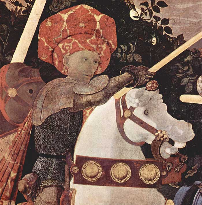 Detail of Niccolò da Tolentino from the left panel, now in London.