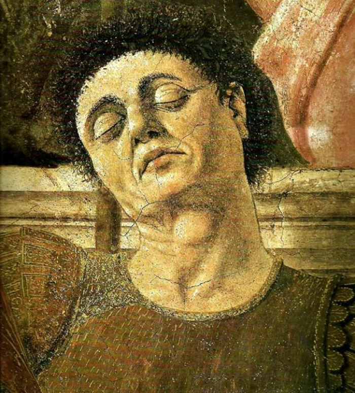 Dettaglio dalla Resurrezione (1465) con presunto autoritratto di Piero

