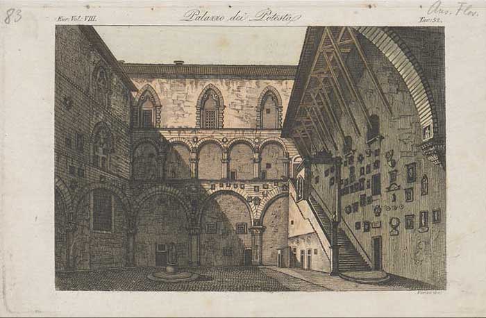 Antonio Verico (engraver), Inner courtyard of the Bargello, first half of the 19th century, handcoloured copper engraving, 15.1 x 23.2 cm

